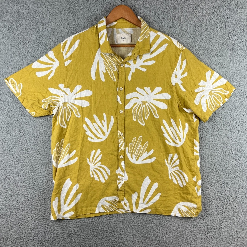 Folk‎ Bohemian Hawaiian Shirt Mens XL Linen Viscose Blend Mustard Yellow Floral